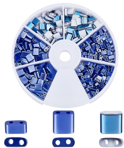 CREATCABIN 400Pcs 2 Hole Half Tila Beads 3 Style Mix Glass Seed Beads Rectangle Opaque Square Tila Bead Mini Lustered with Container for Craft Bracelet Necklace Earring Jewelry Making Blue 2mm 5mm