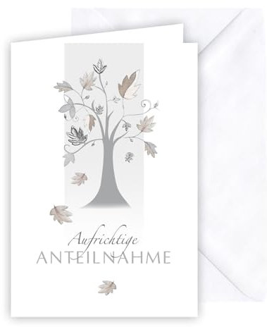 KE - Beileidskarte, Trostkarte, Beileidsbekundung Karte, Trauerkarte, silberne Folienverzierung, inkl. Umschlag, DIN B6 Format, weiß, Motiv: Baum