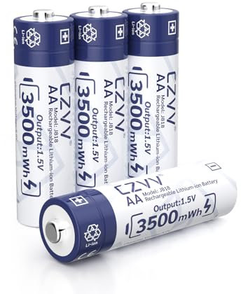 czvv Piles Rechargeables Lithium AA 1,5V - 4 Pack Batterie Haute Capacité 3500mWh, 1300 Cycles, Accu Longue Durée10 Ans, Rappel de Batterie Faible, Sortie Constante, Aux Souris, Claviers, Manettes