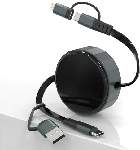 Câble Lightning USB C rétractable pour iPhone iPad Samsung – Chargeur de téléphone rétractable 60 W [certifié MFi], Apple Carplay et Android Auto Câble de charge rapide USB C avec port USB C/A