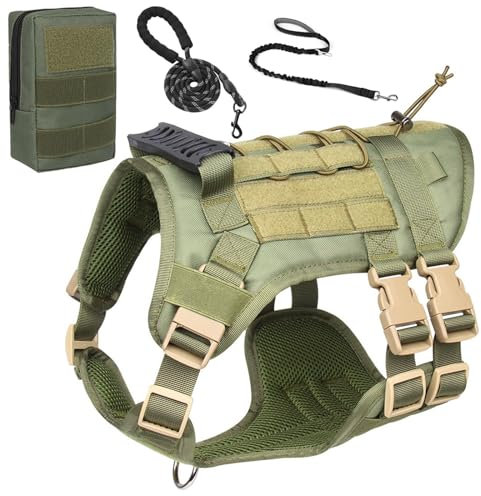 LYXLBX Hundegeschirr, Taktisches Geschirr Hund Hundeweste Mit Griffe Panels, No-Pull Einstellbar Sicherheitsgeschirr Brustgeschirr Hundeharness Für Spaziergänge Training,Green Grün-Medium