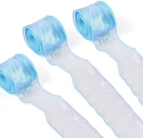Crafans Schimmernde Organzabänder, schillernd, 60 mm x 9 m, schimmerndes Polyesterband, glitzernd, schillernd, Chiffonbänder für Geschenkverpackungen, Hochzeit, Himmelblau, 3 Rollen