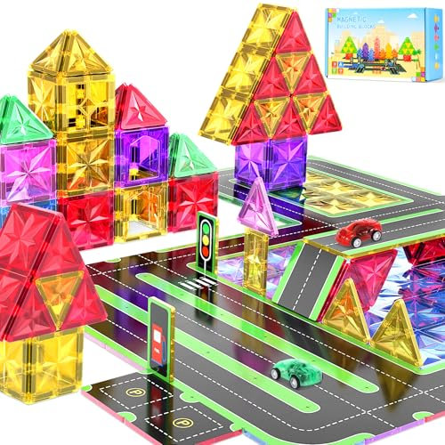 Perbabe 72PCS Magnetic Tiles Road Toppers Set for Kids Toys, Magnetic Building Blocks with Cars Toys Magneti Tiles for Kid Easter Gifts for Kids Birthday Gift for Age 3 4 5 6 7 8+ Year Old Boys Girls