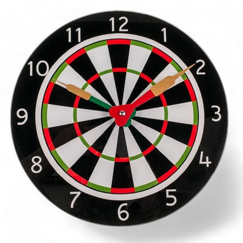 MIJOMA Wanduhr Dartscheibe aus Glas, Ø 30 cm, batteriebetrieben, dekorative Uhr im Dartscheiben-Design für Wohnzimmer und Büro