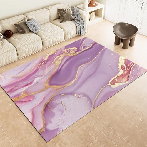 Goldene Linien Teppich 80 x 150cm Marmor-Flieder Kinder Teppich Dekoration Schlafzimmer Kinderzimmer Wohnzimmer, Modern rutschfest Waschbar Flanell Kinderteppiche Heimdekoration