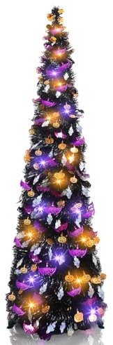 Caplidou 5 FT Black Tinsel Halloween Tree, Pop Up Halloween Christmas Tree Artificial Collapsible Halloween Pencil Trees with 60 LED Orange and Purple Lights for Party Door Porch Home Decorations