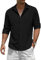 TARAINYA Camisa Lino Hombre Manga Larga Verano Casual Regular Fit Botones Ocultos Negro L