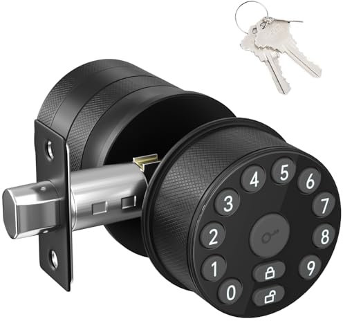 FITNATE Keypad Door Knob Lock, Electronic Door Handle with Keypad and Key, Automatic Locking, User Managed, 100 Codes, for Office, Warehouse, Bedroom, Garage, Black