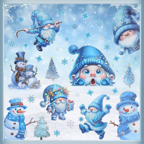 BBLIKE Weihnachtsdekoration Fensteraufkleber - 9PCS Blauer Wichtel Winter Fensteraufkleber Fensterdekorationen Selbstklebende Weihnachtsdekorationen Weihnachtsbaum Kinderzimmer Fensteraufkleber