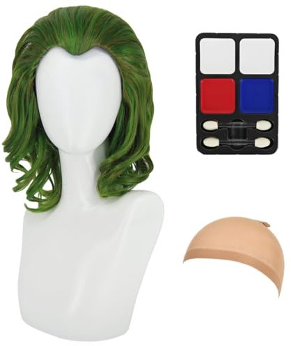 Perücke Grün für Joker Herren Clown Kostüm Kurz Grün Perücken Locken für Halloween Fasching Karneval Kostüm Party Wig mit Clown Makeup Gesichtsfarbe AL094