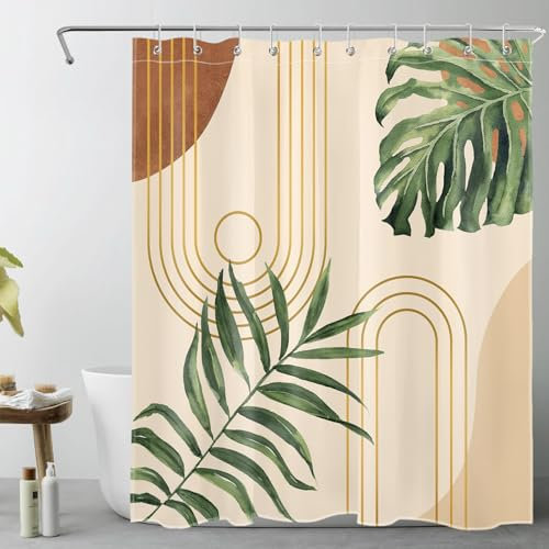 LB Mitte des Jahrhunderts Duschvorhang 150x180cm(BxH) Gold Gestreift Grün Plam Blatt Antischimmel Wasserdicht Badezimmer Vorhänge,Böhmisch Geometrisch Kurz Polyester Stoff Bad Vorhang mit Haken