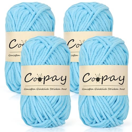 Coopay Chenille Chunky Wolle zum Häkeln Dickes Garn, 4 x 50g Dicke Wolle zum Stricken, Super Flauschig Weiches Wolle für Babydecke, Grobes Chenille-Garn für Hüte, Schals, Socken, Taschen - Himmelblau