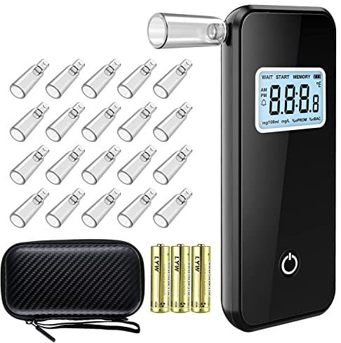 Mayybei Alkoholtester, Professioneller Promilletester mit LCD-Bildschirm, Akkurater Halbleiter Sensor Atemalkoholtester, Tragbar Atemalkoholmessgerät mit 20 Mundstücke und 1 Aufbewahrungstasche