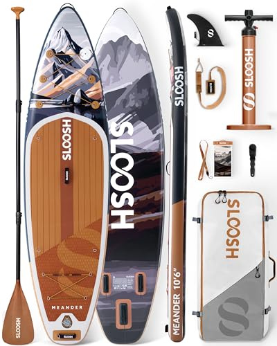 SLOOSH Aufblasbares Stand-Up-Paddle-Board, 10'6 Paddleboard mit Premium-Zubehör, rutschfestes EVA-Deck,ultraleichte Tragetasche und Pumpe, Meander SUP für Jugendliche & Erwachsene,Alpenabenddämmerung