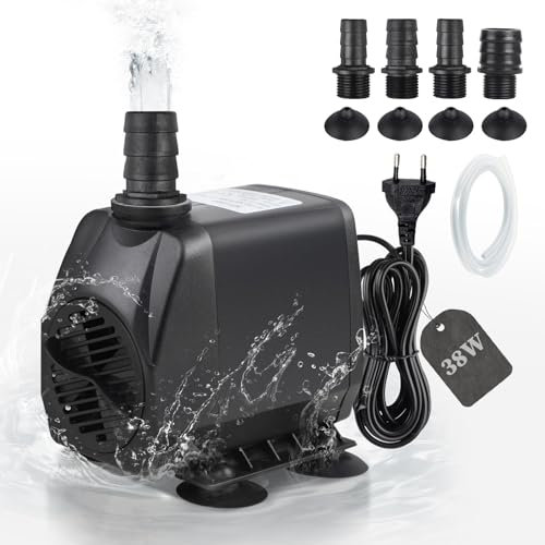EXLECO Aquariumpumpe Tauchpumpen 2000L/H 38W Aquarium Wasserpumpe Förderpumpe Fontäne Pumpe Filterpumpe Ultra Leise Springbrunnen Pumpe mit 2M Kabel 4 Düse Schlauch Stecken für Brunnen Steingarten