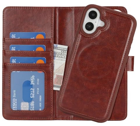 Zouzt Case for iPhone 16 6.1 Inch, 2 in 1 Detachable Wallet with Card Holder for MagSafe Magnetic Wireless Charging Premium PU Leather Flip Folio Kickstand Shockproof Cover Men, Dark Brown