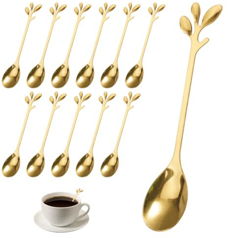 12 Stück Edelstahl Blattförmig Goldener Löffel,12 cm Edelstahl Dessertlöffel, Gold Mini Latte Löffel, Kleiner Zweig Design Eislöffel Set, Verwendet für Milch, Kaffee, Dessert und Getränke Utensilien