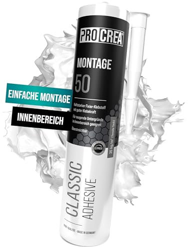PROCREA® Montagekleber Montage 50 [Haftstarker Baukleber bis 35 kg/qm] Extra starker Kleber für Styropor, Akustikpaneele, Sockelleisten, Holz, Stein, Fliesen uvm. - weiß & überstreichbar