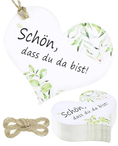 50 Stück Danke Geschenkanhänger, 5 cm herzförmige Papieretiketten mit Schnur für Hochzeit, Babydusche, Geburtstag, Taufe und Party Geschenke