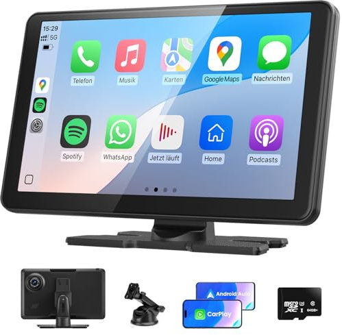 TOUTBIEN 9 Autoradio mit Kabelloses CarPlay & Android Auto, 4K Dashcam Loop-Aufnahme, MirrorLink, GPS Navigation, Sprachassistent, Bluetooth Freisprecheinrichtung, 64GB Karte für Auto PKW LKW WoMo