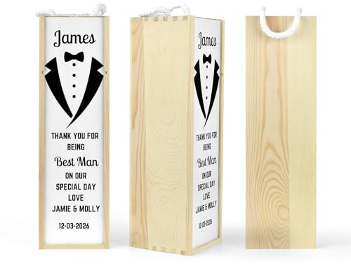 Personalised Wooden Wine|Spirit|Whisky Bottle Presentation Gift Box with Best Man Wedding Tuxedo Design For Usher|Groom|Groomsman