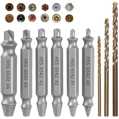 9 Pcs Damaged Screw Extractor Set Made of HSS 6542 Hardness HRC 63-65 for 6Pcs Screws Remover and 3 Twist Drill Bit Bolt Stud Extractor Set Grab Removal Tool for Damaged Broken Stripped Screws