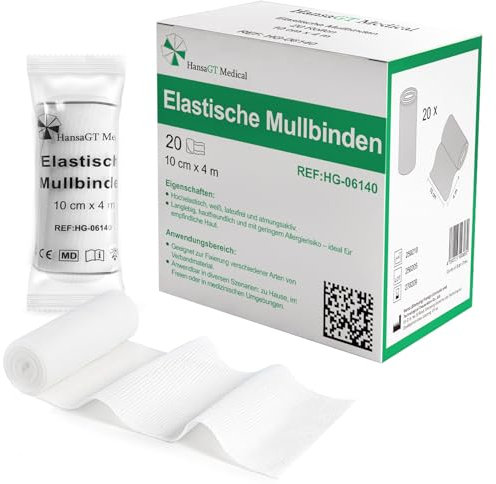 HansaGT Medical Vendaje de gasa (20 rollos (10 cm x 4 m), vendaje de fijación sin látex, 80% elástico y extrasuave, empaquetado individualmente para vendajes, articulaciones y material de primeros