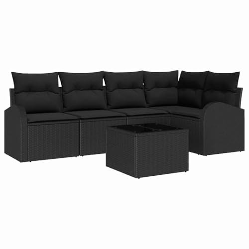 vidaXL 6-teiliges Garten-Sofa-Set mit Kissen, schwarzes Rattan, modernes modulares Design, bequemes Gartenmöbel, ideal für Balkon, Terrasse und Gartenlounge, wetterfest und außen einsetzbar