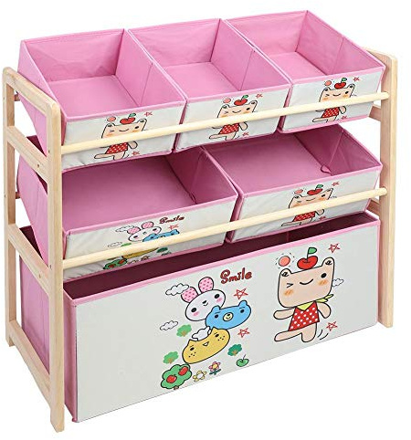 Qcwwy Rosa Cartoon Holzlagerregal mit Sechs Kisten, Große Lagerkapazität, Umweltfreundliches Kiefernmaterial für die Organisation von Kinderspielzeugen