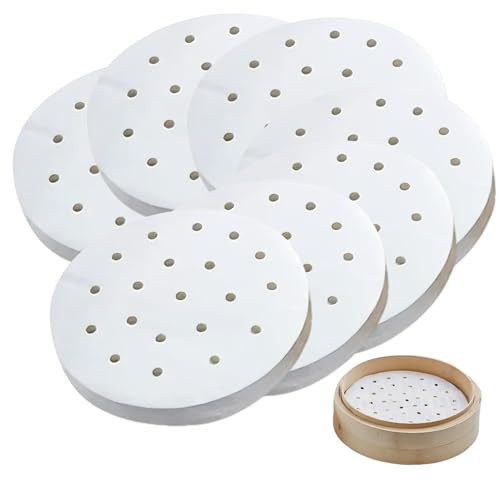 FortuneGlobe 200 Stück perforiertes Papier, 25.5 cm, aus Bambus, zum Dampfgaren und Dampfgaren, 200 Stück, Pergamentpapier, antihaftbeschichtet, wie Dim Sum, Luftfritteuse