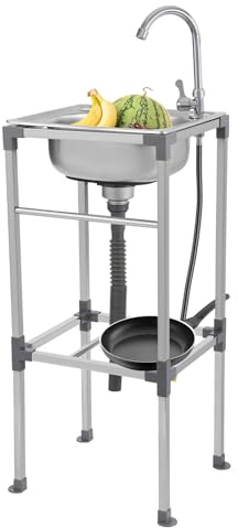 Fregadero de cocina de acero inoxidable, fregadero de pie para exteriores, lavabo móvil con grifo y dispositivo de drenaje, adecuado para conectar agua caliente y fría en garajes (grande)