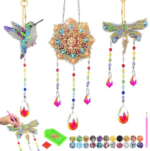 QBEJIME Diamond Painting Kinder Bastelset,Basteln Mädchen 6 7 8 9 10 Jahre, Windspiel Bastelset Mädchen 8 Jahre, Sonnenfänger Kristalle Zum Aufhängen Windspiel Basteln (Sonne+Libelle+Kolibri)