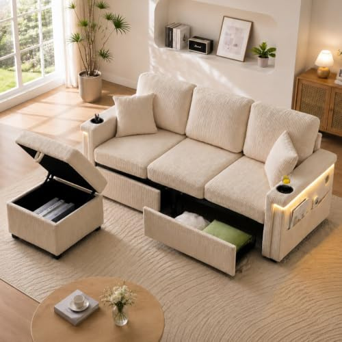 KOMHTOM Canapé 3 Places en L avec 2 Ttiroirs, Tabouret de Rangement, Lampe LED, Port USB/Type-C et Cadre en Bois - Canapé Velours Côtelé Multifonctionnel (Beige, B)