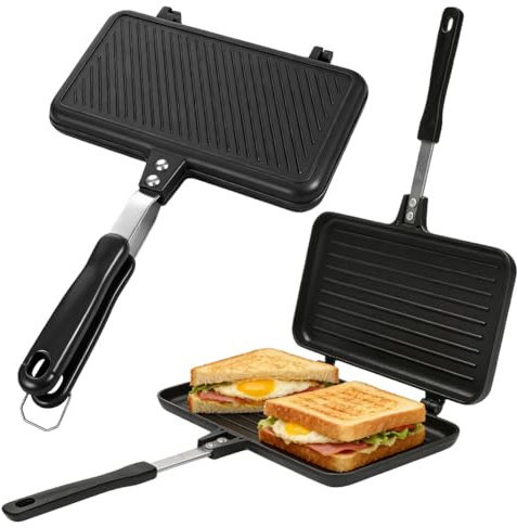 Sandwichmaker Camping, Aluminium Doppelseitige Sandwich Bratpfanne Antihaft Toastpfanne mit Hitzebeständigem Griff, Toaster Sandwich Maker Grillpfanne für Frühstück Kochen Camping Outdoor, Schwarz