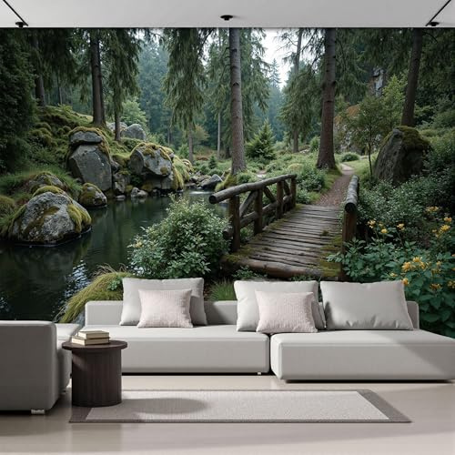 JEDTAKCT 3D Papier Peint Pont En Bois Forestier Vert Émeraude Papier Peint Panoramique Pour Salon Chambre Salon Mural Fresque Poster Xxl Paysage Végétal Rétro Fond Décoration Murale 350X256Cm (L X H)