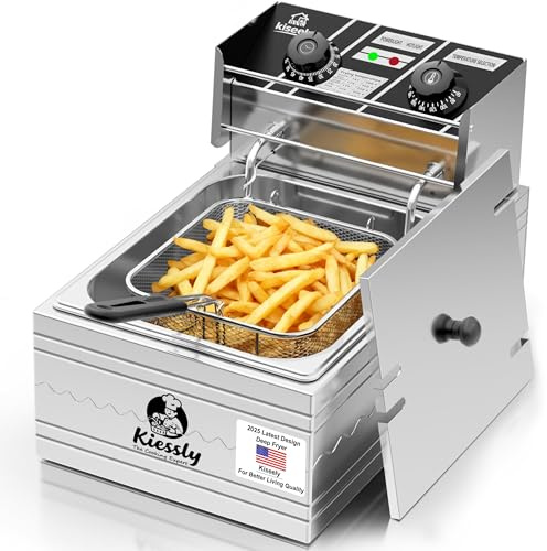 10L Electric Deep Fryer, 3500W Commercial Deep Fryer with Baskets Lids, Stainless Steel Dual Tank Kitchen Frying Machine with time & Temperature Control for Fries, Chicken (Single Fryer 10L UO1)