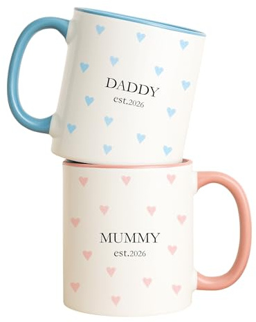 allaboutthebump Personalised Mummy & Daddy Est. 2026 Heart Ceramic Mug Set, Custom New Parents Gift, Pregnancy Announcement, Baby Shower, Mother's Day & Father's Day (Set of 2: Mum & Dad)