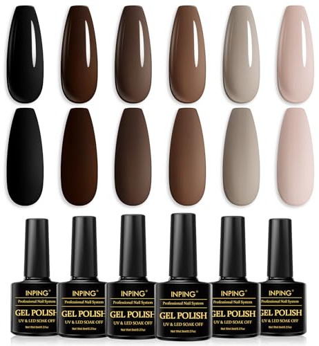INPING Gel Nail Polish, Nude Brown 6 Colors UV LED Nail Varnish 8ML | Nude Brown Series Classic Popular Gel UV Nail Polish Set Long Lasting for Women French Manicure DIY Nail Art