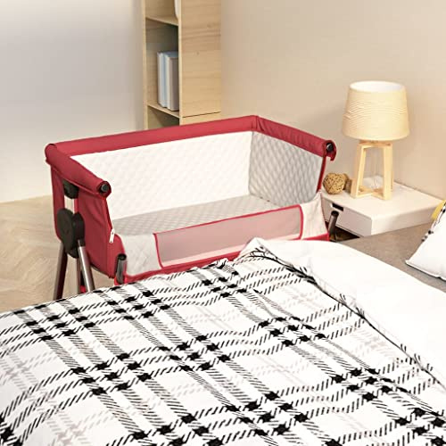 LoogCape Babybett mit Matratze in Rot aus Leinenstoff, höhenverstellbar, mit Stauraum, abnehmbare Matratze, geeignet als Beistellbett, Gitterbett, Reisebett, für Neugeborene und Säuglinge
