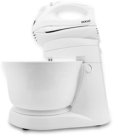 SOGO Amasadora para Repostería, Pan y más, Mezcladora y Batidora de Varillas, Con bol Giratorio 3L sin tapa, Con 5 velocidades + Turbo, Sin BPA 300W Blanco (SS-14290)