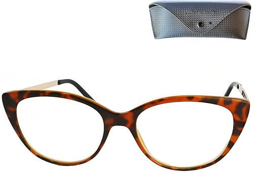 Cateye Lesebrille mit großen Gläsern, Gratis Etui, Kunststoff Brillengestell mit Leopardenmuster (Leopardenmuster) und Metall Bügeln, Lesehilfe Damen +1.0 Dioptrien