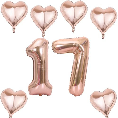 Roségold Zahlen Luftballon 17 +6 pcs herz Heliumballon 17. Geburtstag Deko für Mädchen,40 Roségold Riesen Folienballon 17 für 17 Jahre Geburtstag deko, Helium Zahlenballon 17