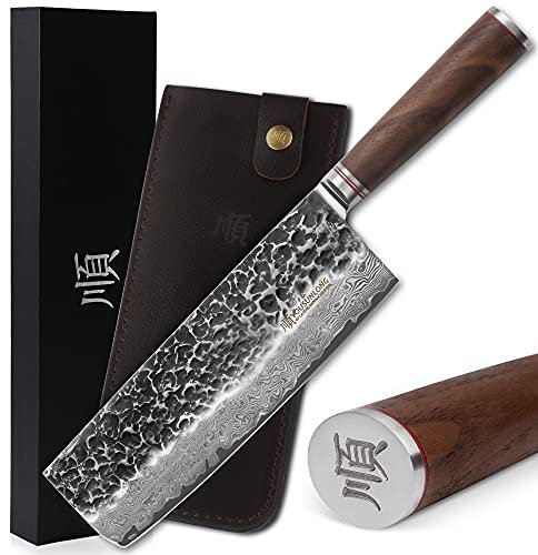 YOUSUNLONG Nakiri couteau couperet à légumes 9 pouces japonais super acier 67 couches damas martelé Tsuchime - manche en noyer avec cuir, boîte cadeau