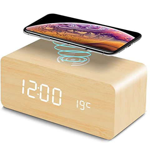 VORRINC Wecker LED Holz Digitaler Wecker, mit Wireless Charger Datum Sprachsteuerung Innentemperatur 3 Helligkeit 3 Alarm Einstellung Für Zuhause Schlafzimmer Und Büro (Bambus)
