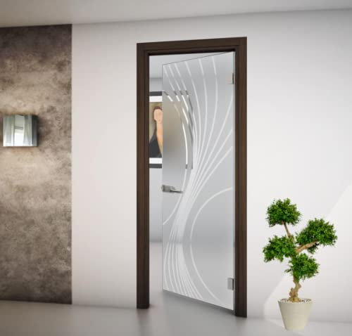 Porta interna a battente in vetro satinato e disegno trasparente con Telaio Noce Tanganica e Serratura 90x210 Spingere a Destra