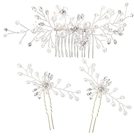 HOWAF 3 Haarschmuck Hochzeit Blume Hochzeit Haarkämme Braut Hochzeit Haarrebe Kristall Braut Kopfschmuck Perlen Braut Stirnband Blatt Braut Reben Brautschmuck Kommunion Haarschmuck für Mädchen Frauen