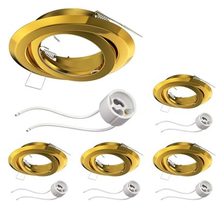 ledscom.de 5 Stück Deckeneinbaurahmen FABI, rund, schwenkbar, gold glänzend (GU10/MR16/GU5,3/50mm) inkl. Fassung