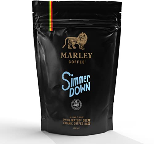 Decaffeinated Coffee Bags - 50 x Decaf Organic Ground Coffee Bags - Simmer Down Blend - Marley Coffee - From The Marley Family - Medium Roast - Strength 3