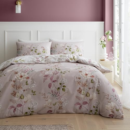 Bianca Francesca Floral 200 Thread Count Cotton Reversible King Duvet Cover Set with Pillowcases Cream Pink