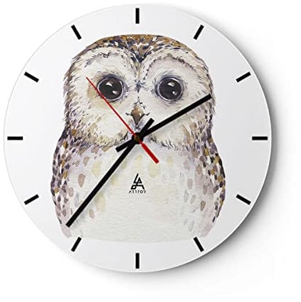 Modern Wanduhr Eule Waldkauz Grafik 30x30cm Rund Klein Wand Uhr Glas Analog Zimmeruhren Küche Büro Wohnzimmer Glasuhr Wall Clock Dekoration Design Wanddekoration Küchenuhr C3AR30x30-4229